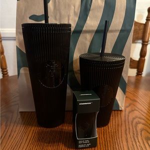 Starbucks 2024 Black Pleated Metallic Core Tumbler 24oz, 16oz, & Keychain